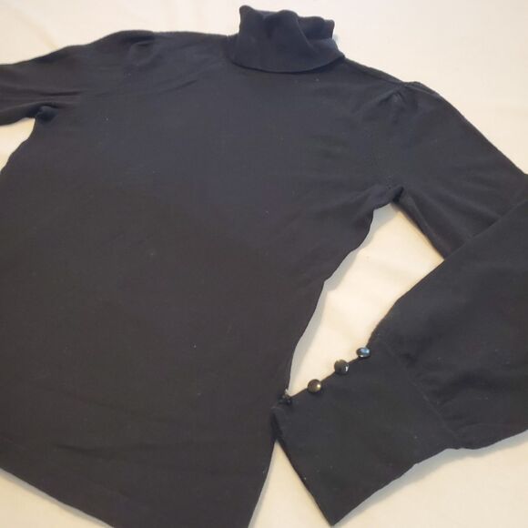 Ann Taylor Merino Wool Sz S Black Turtle Neck Sweater Victorian Sleeve - Picture 2 of 7